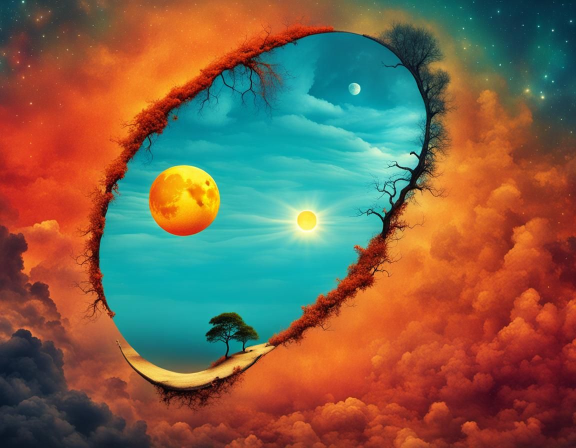 Surreal Yin Yang Sun Moon Over Beach Sunset
