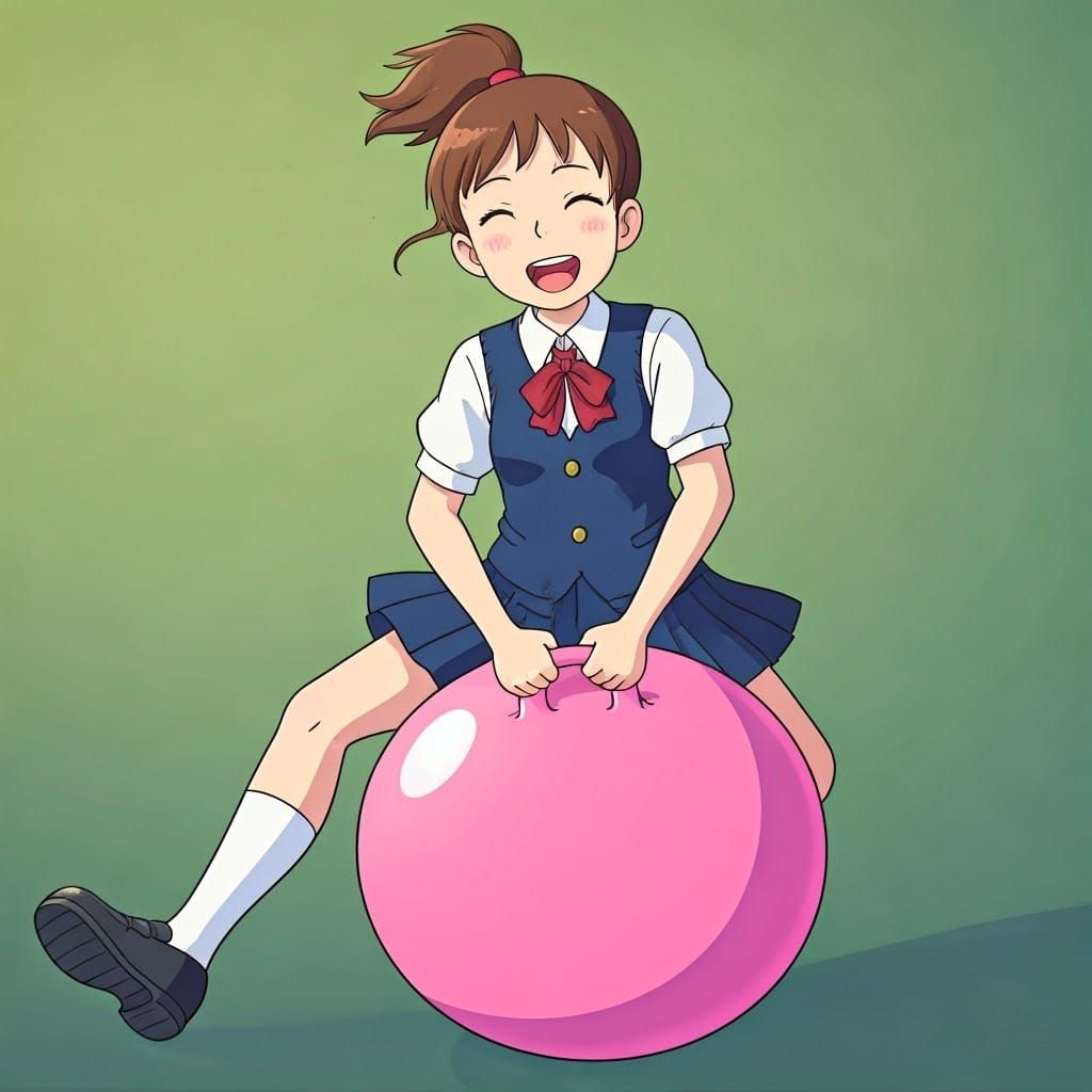 Ghibli-Style Schoolgirl on Hopper Ball