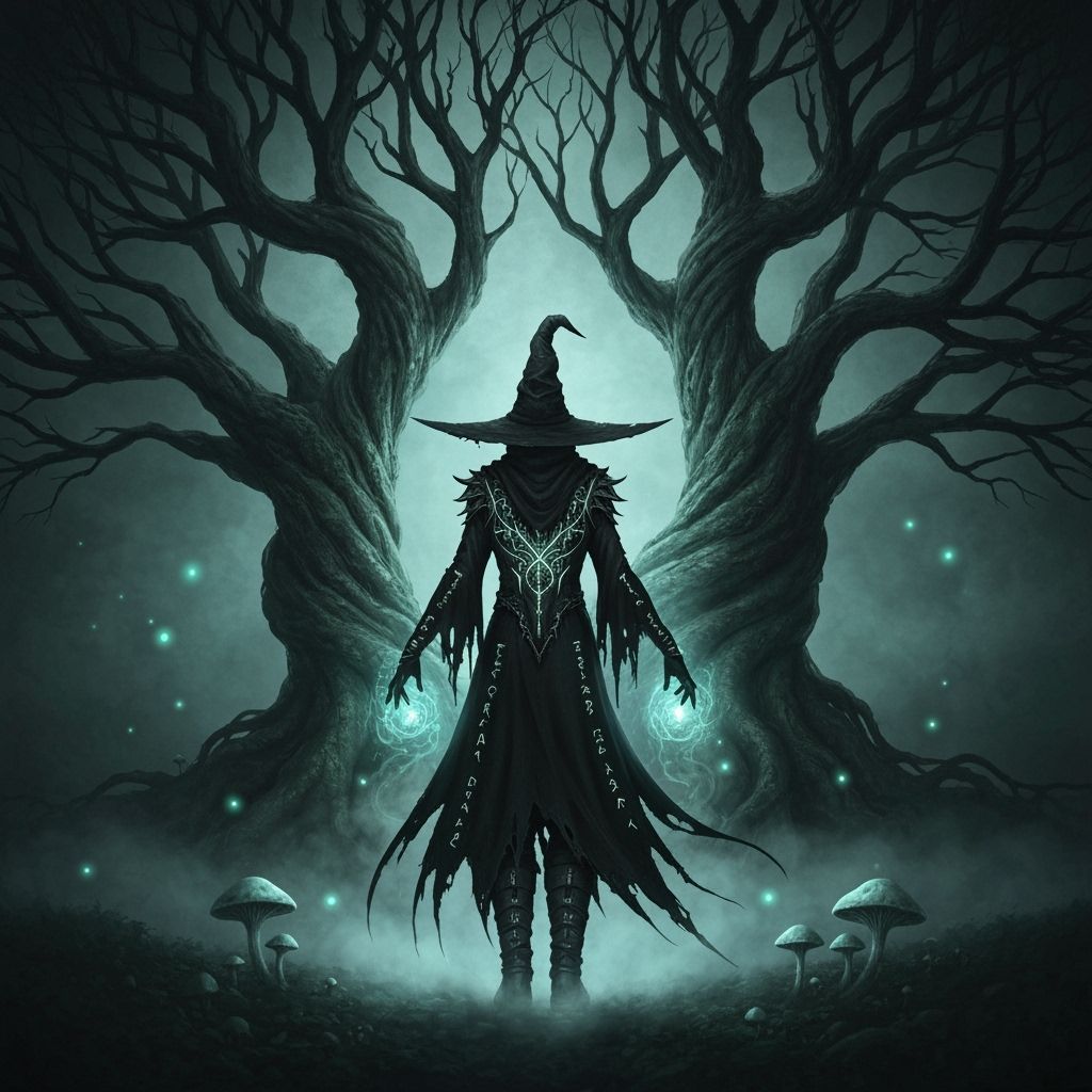 Dark Fantasy Witch Before Energetic Ancient Tree