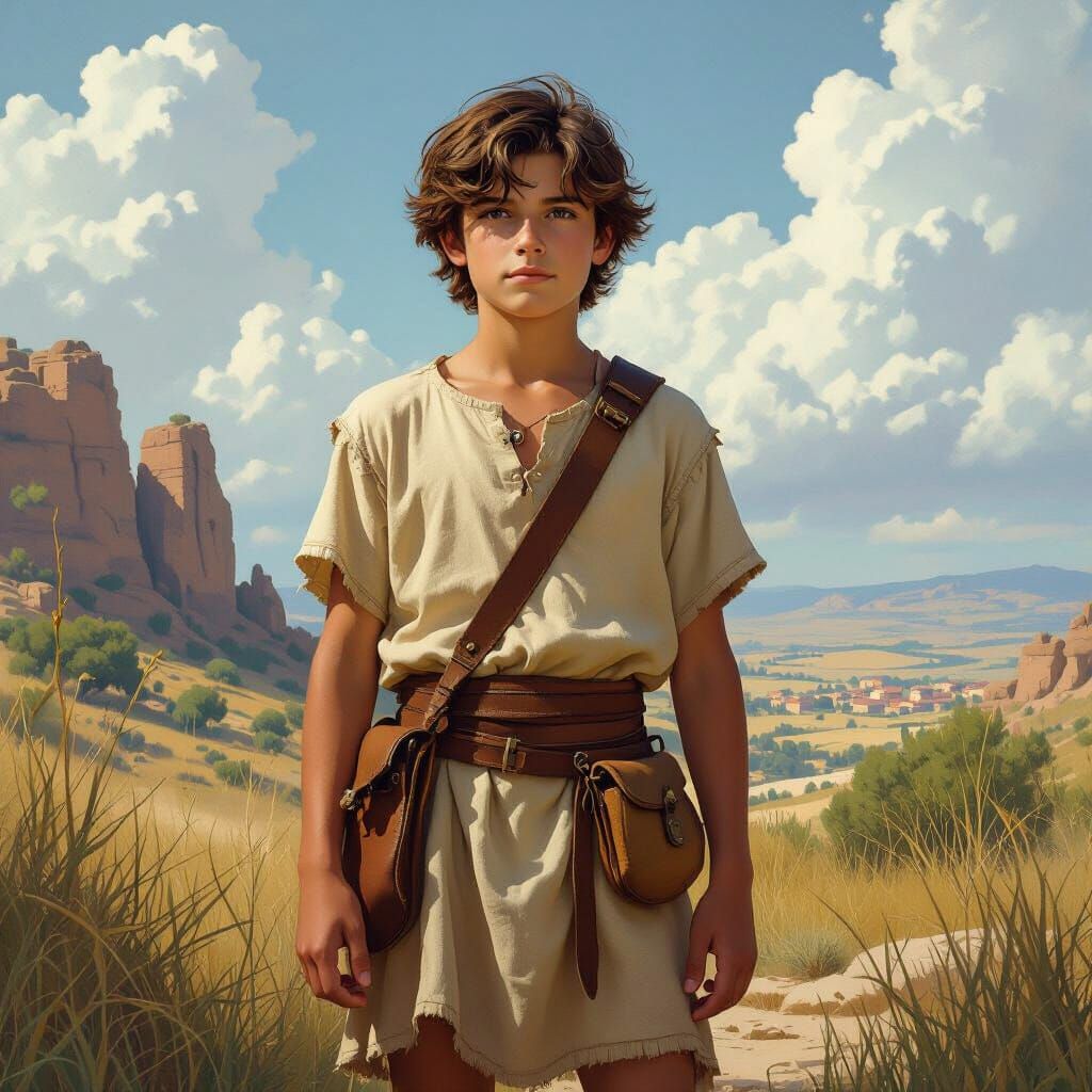 David, Sling in Hand, Serene Landscape, Matte Painting