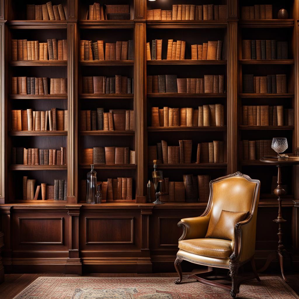 Wine Glass and Antique Bookshelves Still Life