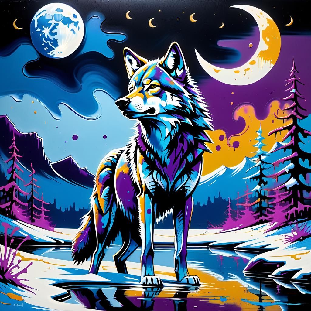 Baby Wolf Howling at Moon, Graffiti Art Style