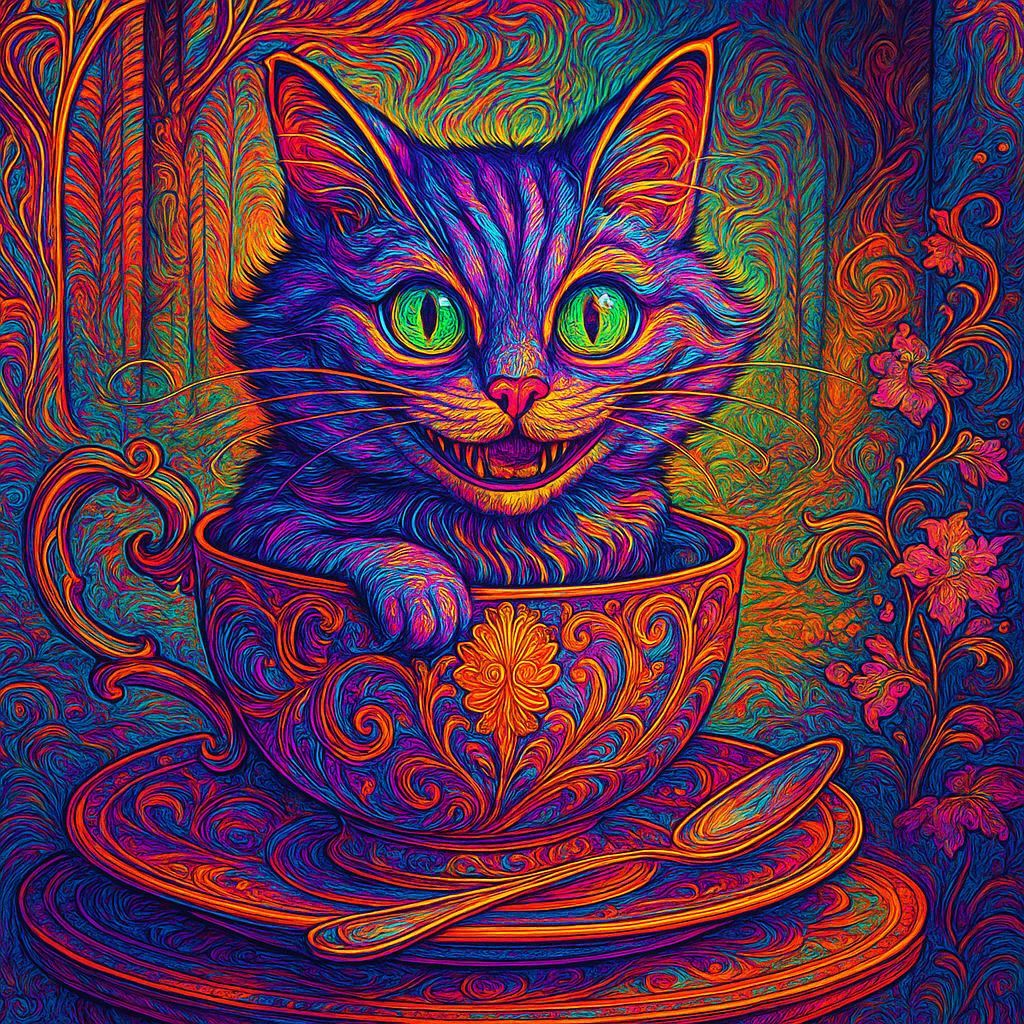 Cheshire Cat in Teacup: Psychedelic Art Nouveau