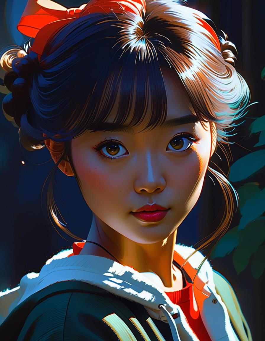 Rainbow Haired Girl, Ghibli-esque Oil Painting