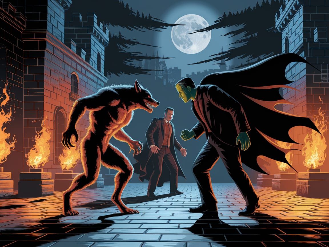 Werewolf, Vampire, and Frankenstein's Monster Confrontation