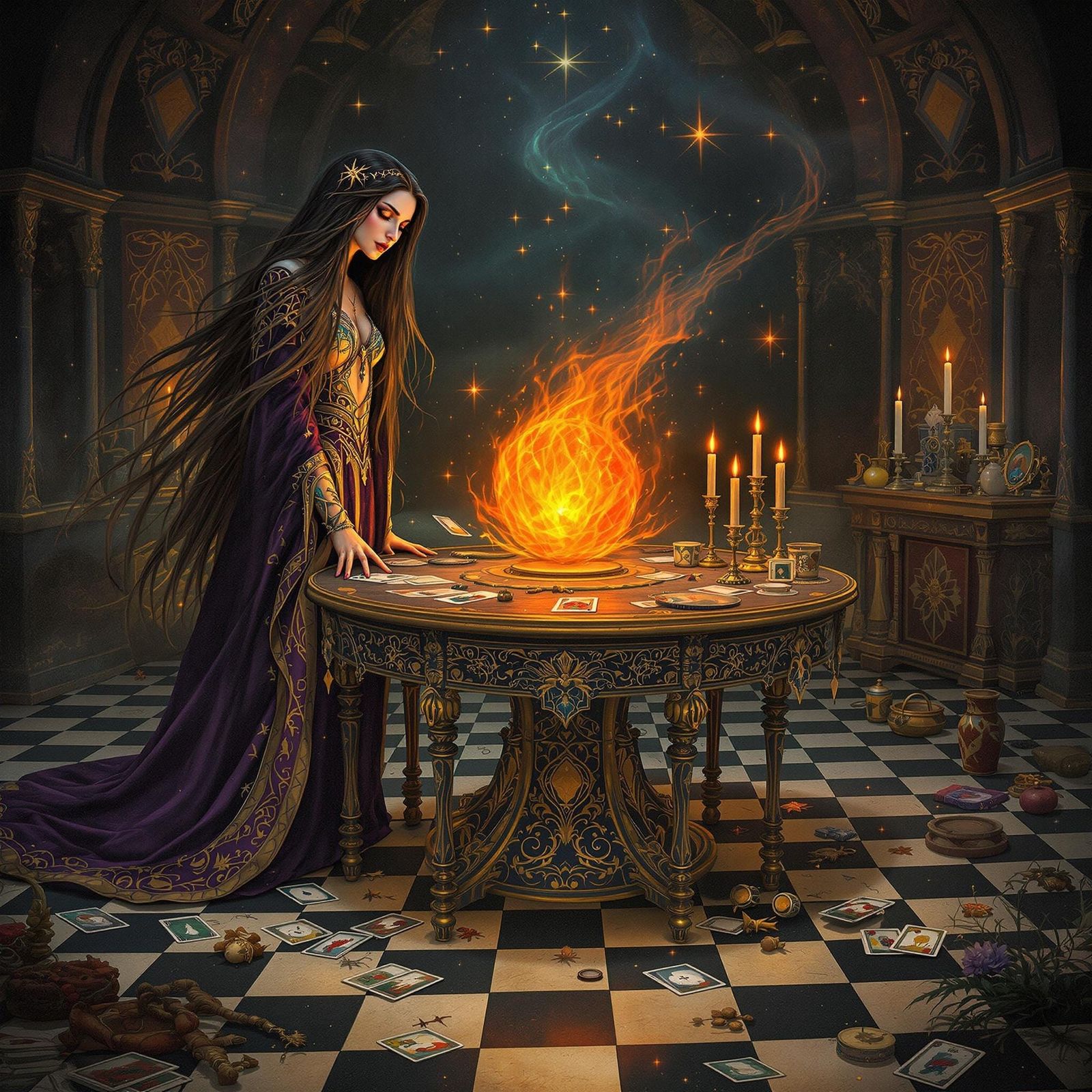 Mystical Tarot Reading Scene with Opalescent Crystal Ball