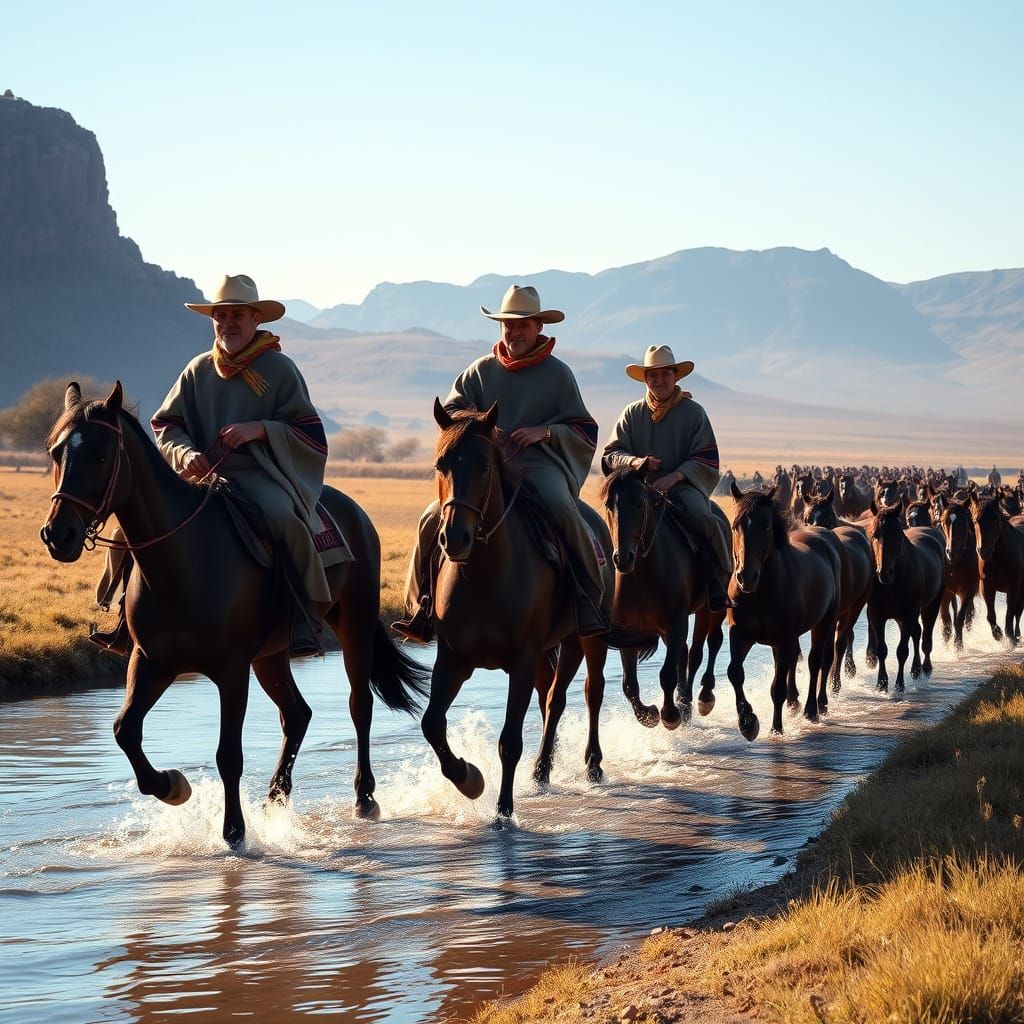 Argentinian Gauchos Ride Chestnut Horses Across Pampa River