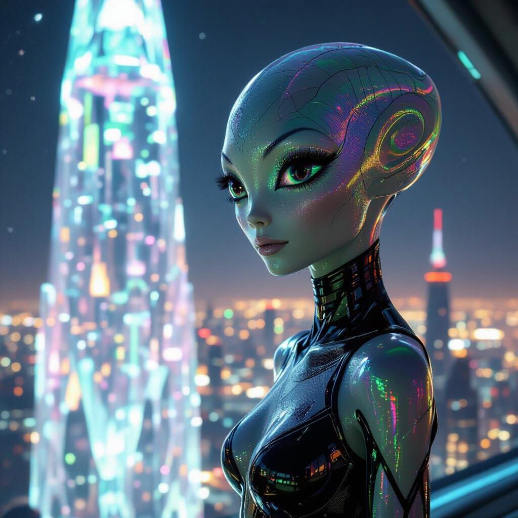 An alien female with iridescent skin and large, expressive e...