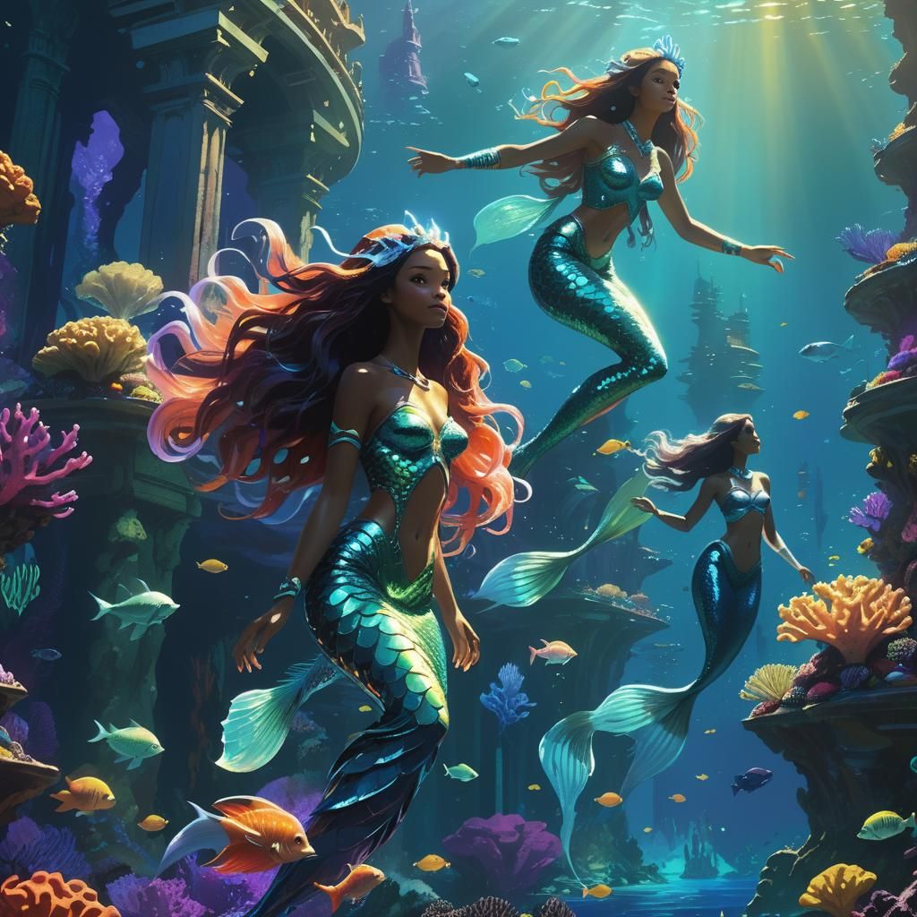 Atlantis Sirens and Merfolk in Bioluminescent Cityscape