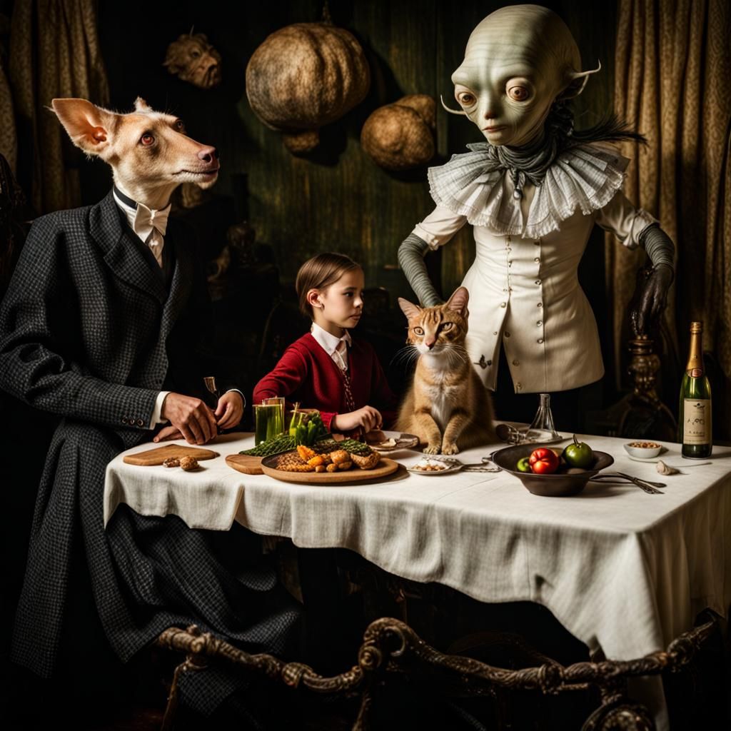 Surreal Alien Celebration in Dreamy Restaurant, Magical Real...