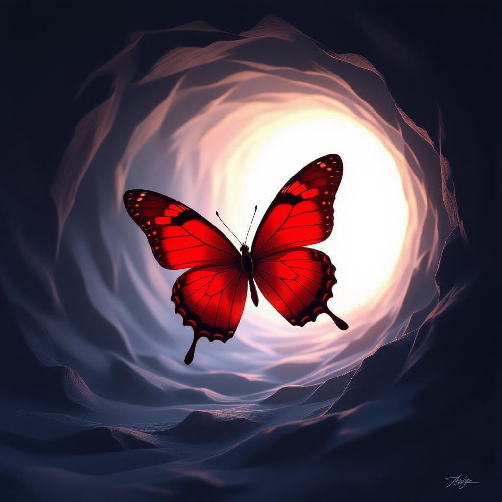Crimson Butterfly Soars From White Light Tunnel