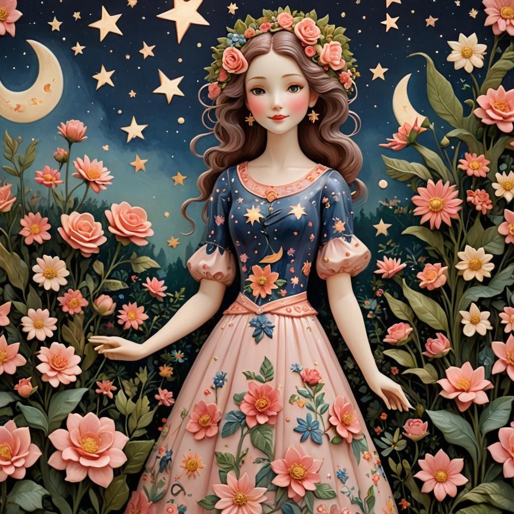 Ceramic Woman with Starry Hair in Majolica Style