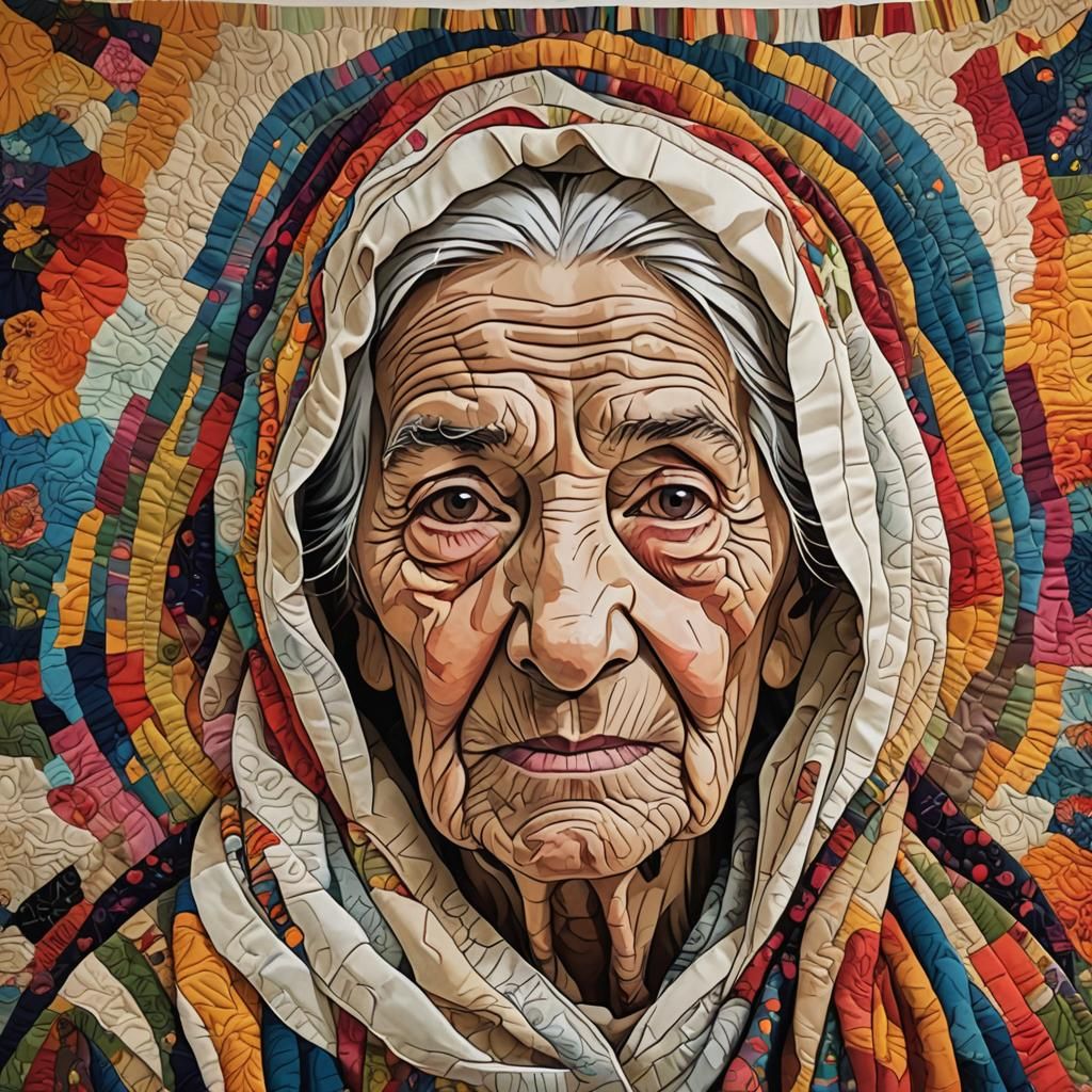 Fabric Tapestry of a Wise Old Woman's Life