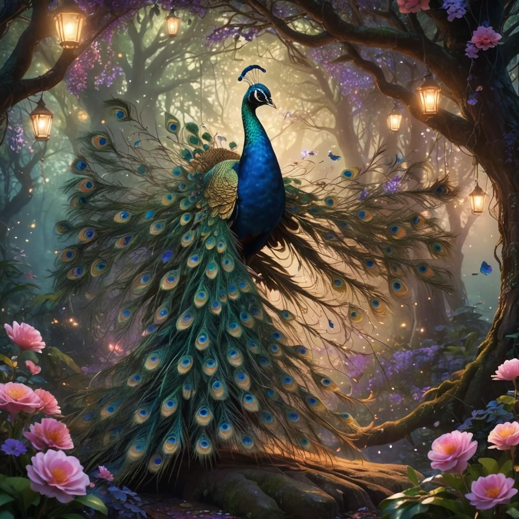 Majestic Peacock in Magical Forest: Fantasy Concept Art
