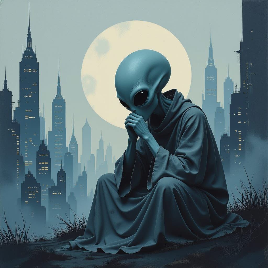 Lonely Alien in Surreal Cityscape, Gouache-Pop Oil Painting