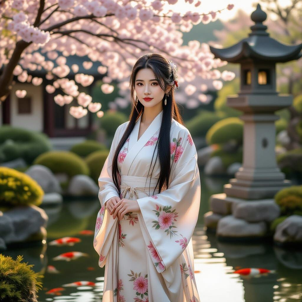 Serene Chinese Woman in Tea Garden at Sunrise