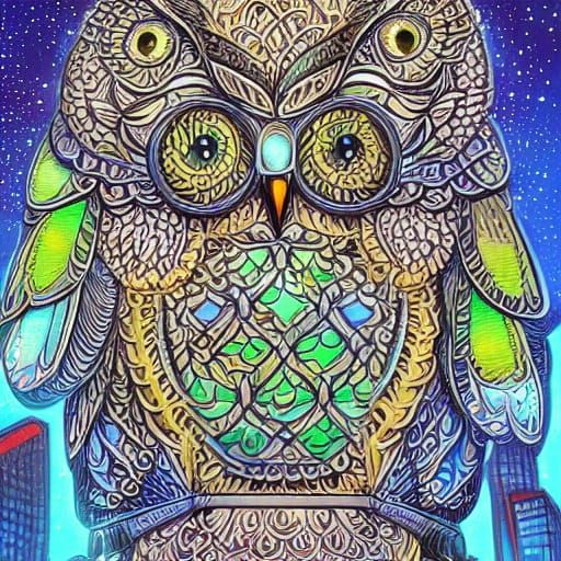 Hyperdetailed Digital Art of Bioluminescent Owl in Cityscape