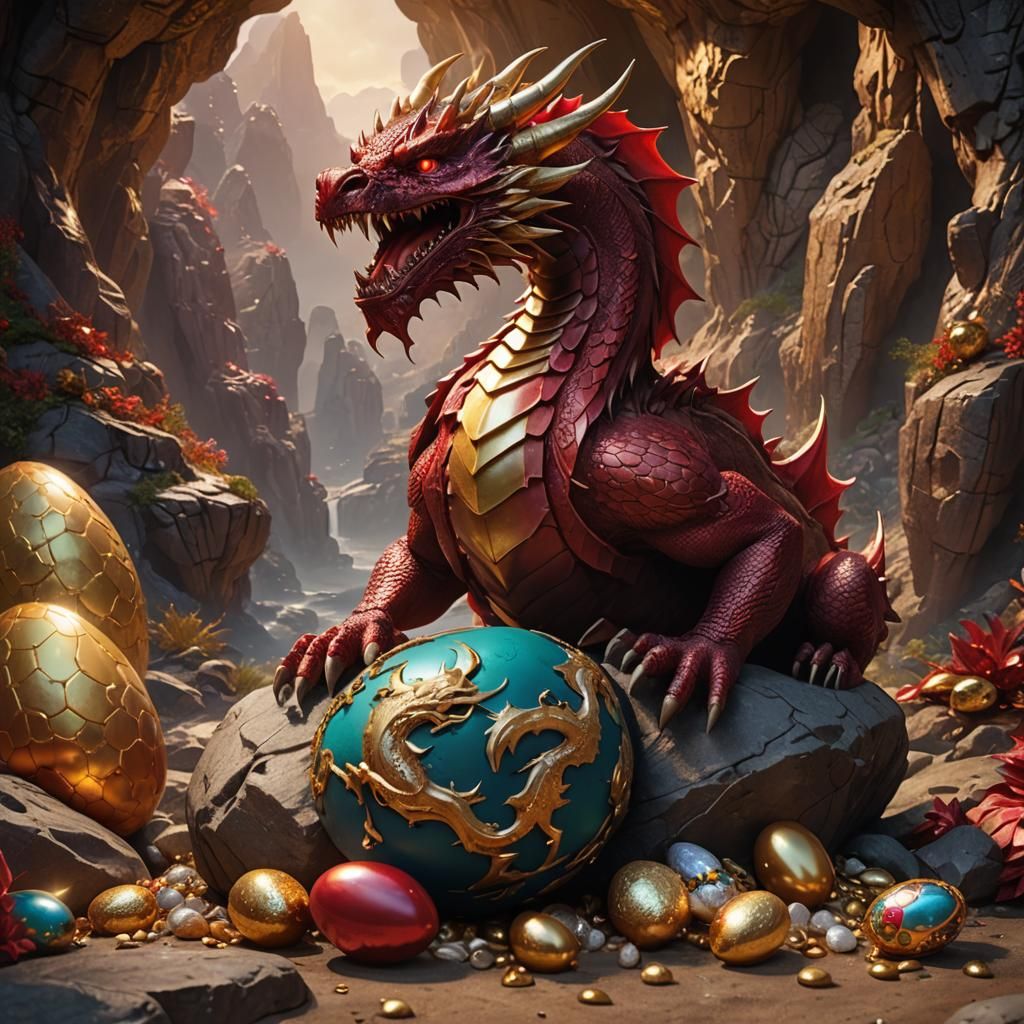 Majestic Red Dragon Guarding Easter Egg Treasure
