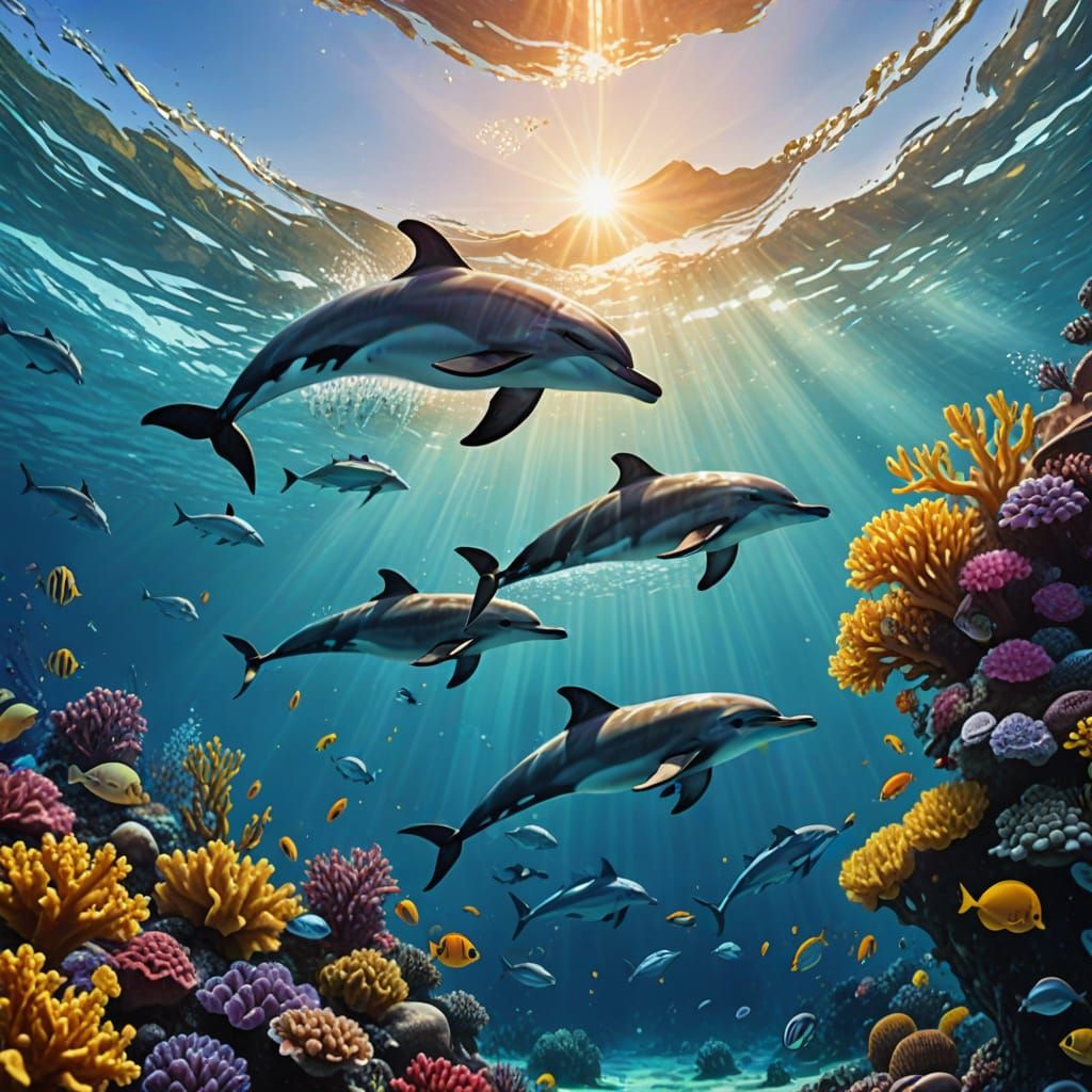 Tropical Underwater Scene with Dolphins as Oil Painting