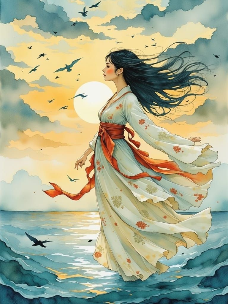 Ethereal Maiden Floats Above Shimmering Morning Sea in Dream...