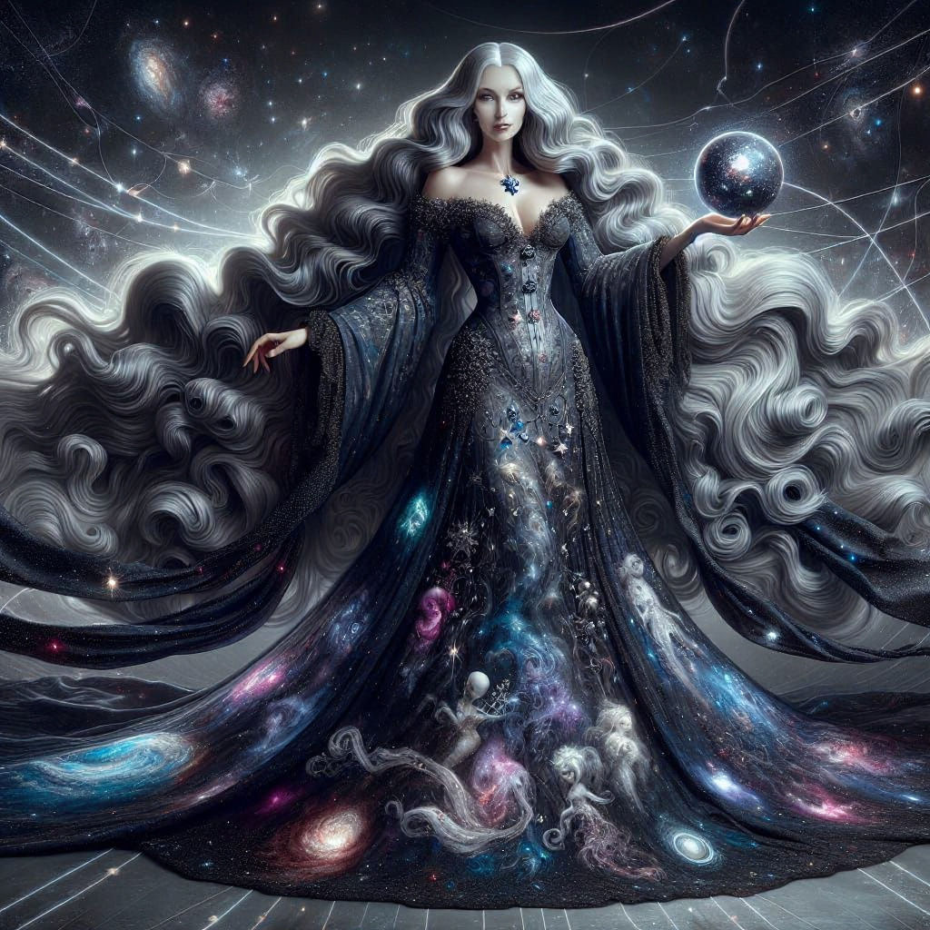 Space Goddess with Silver Hair in Surrealist Style