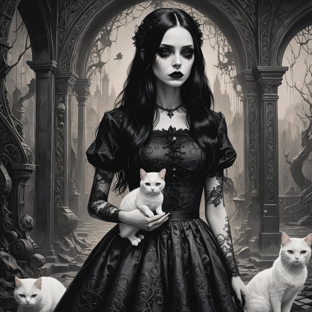 Gothic Girl with Cat in Monochrome Tim Burton Style