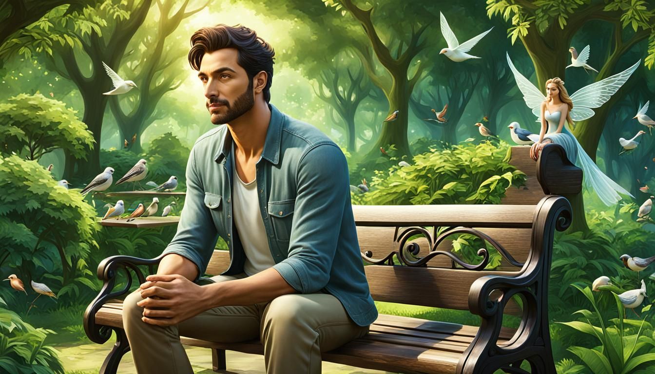 Man and Fairy in Peaceful Park Scene