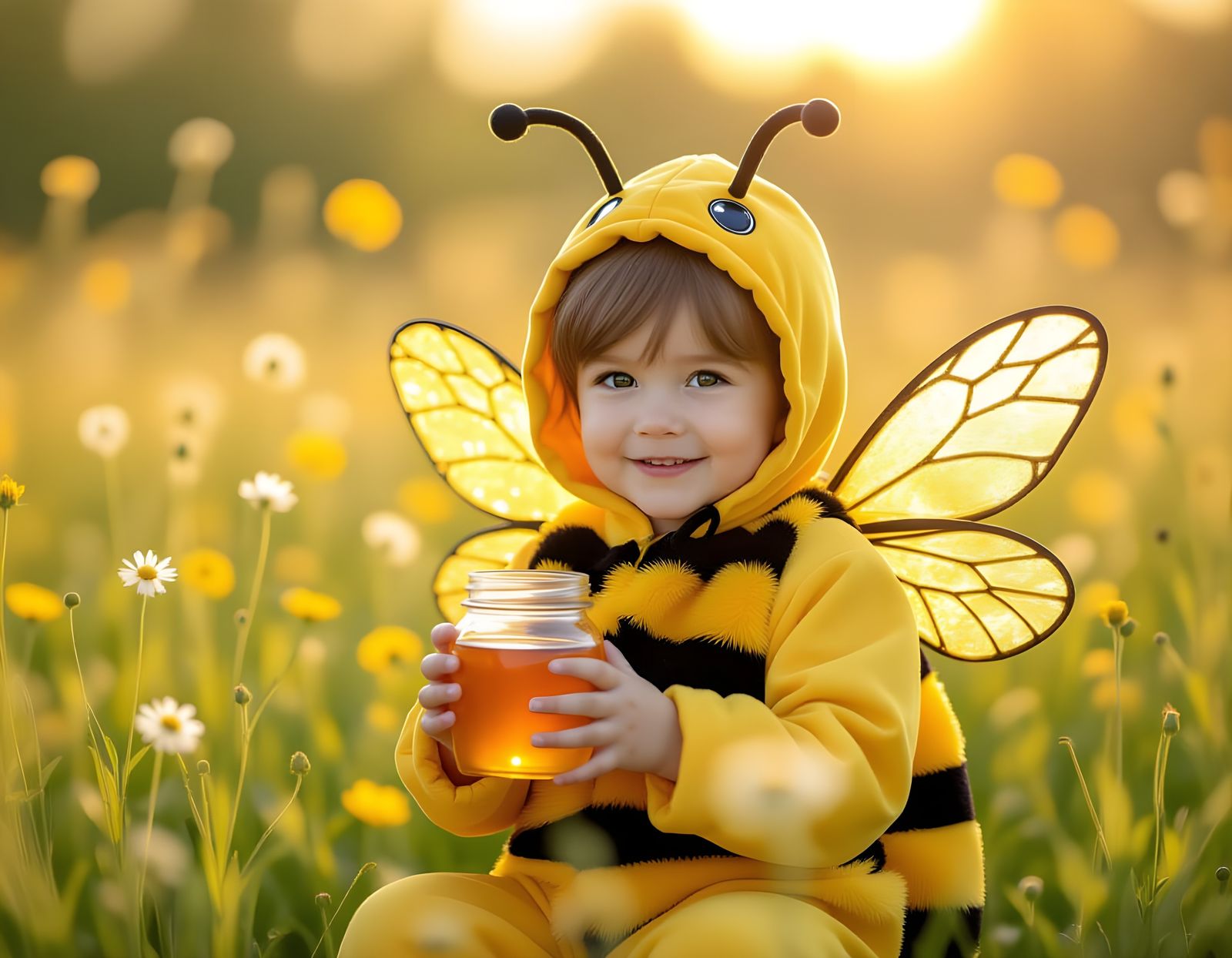 Child in Bee Costume with Honey, Hyperrealistic Photo