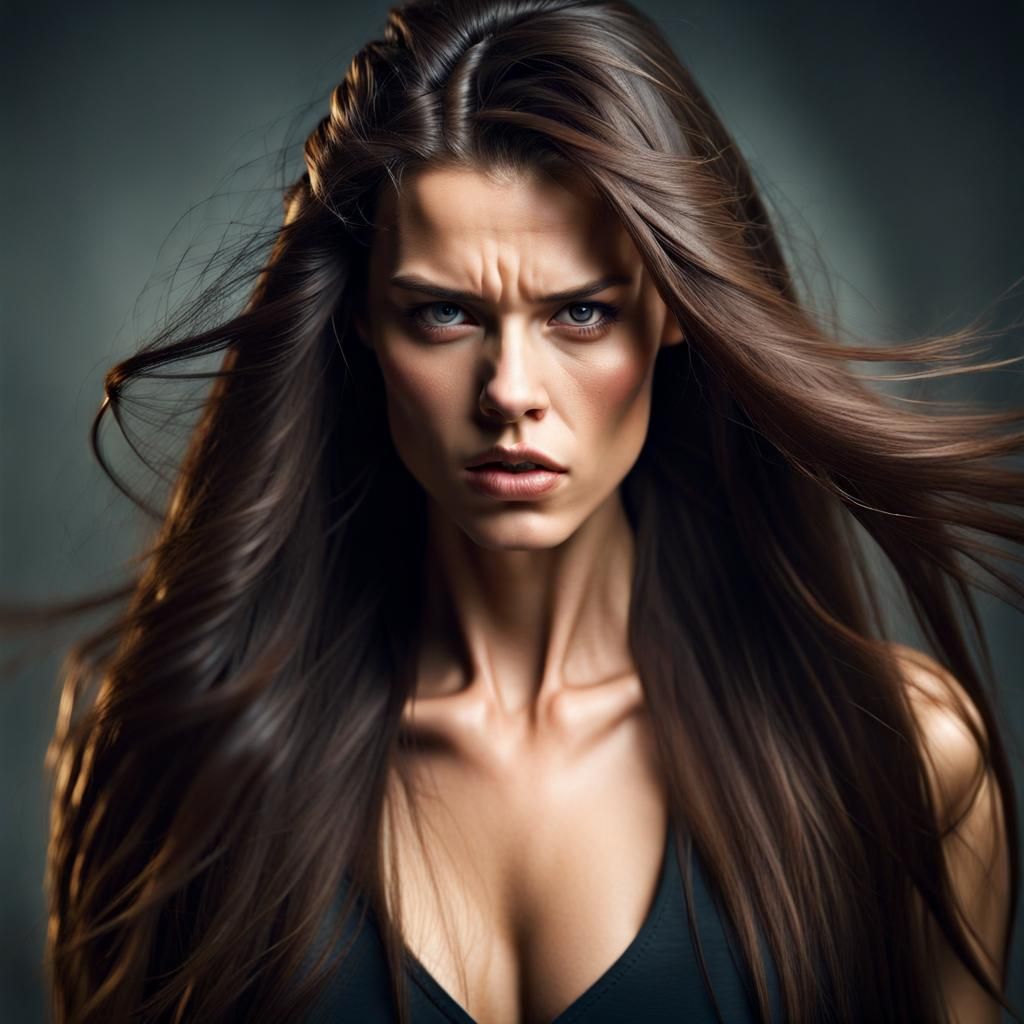 Brunette Woman's Angry Snarl in 8K Resolution