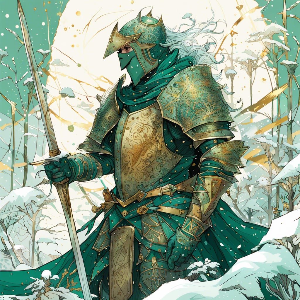 Jade Knight in Snow, Detailed Digital Painting