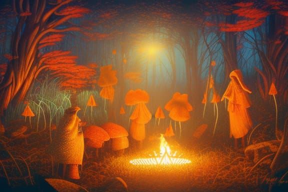 Fairytale Campfire with Birds and Flowers in Magic Realism