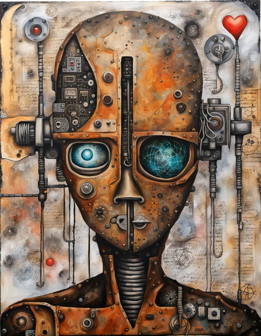Surreal Cyborg in Mixed Media Painting on Canvas