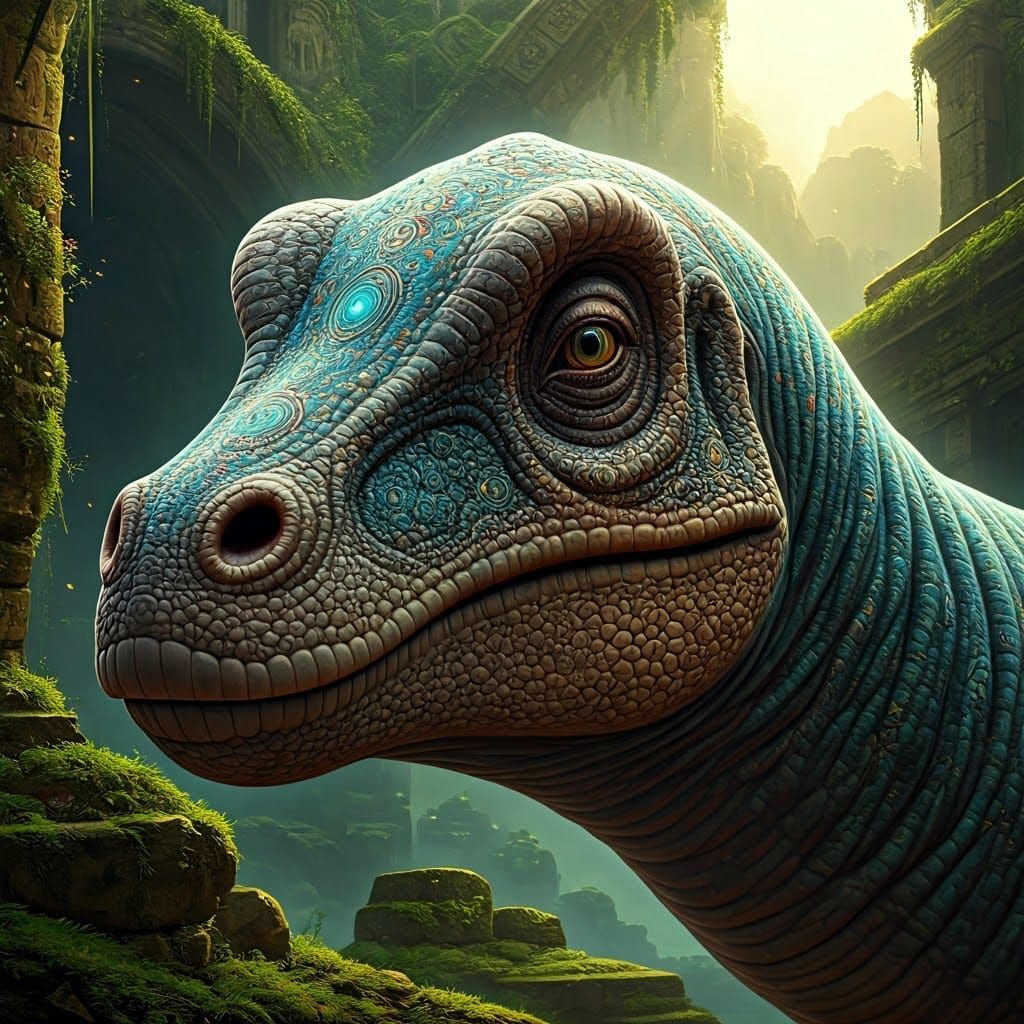 Majestic Brontosaur with Ethereal Patterns and Ancient Ruins