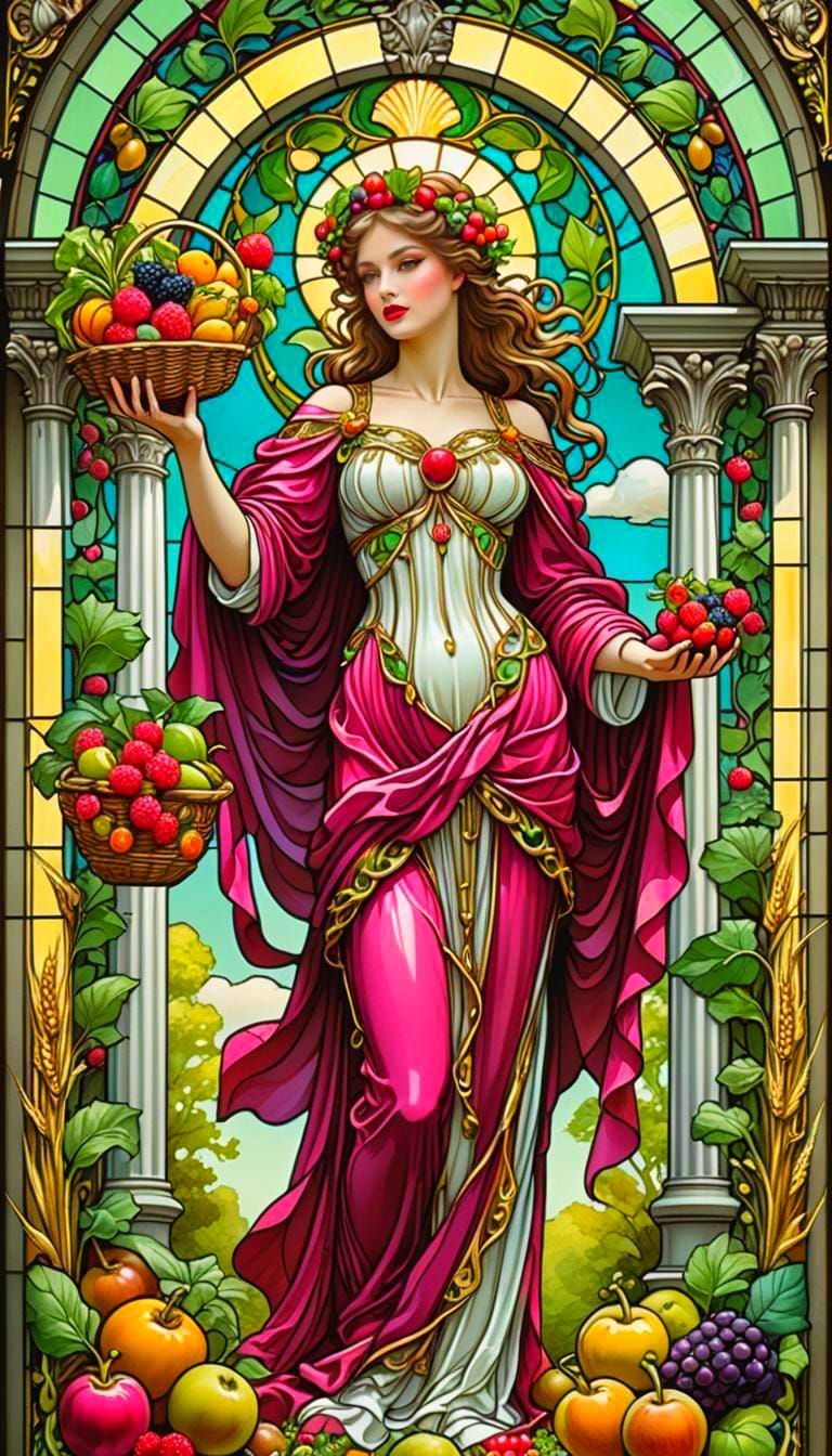 Demeter Harvest Goddess in Stained Glass Tarot Card