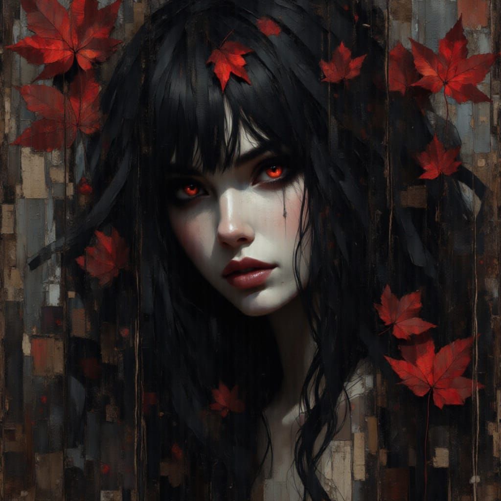 Goth Grunge Woman with Orange Eyes and Red Leaves