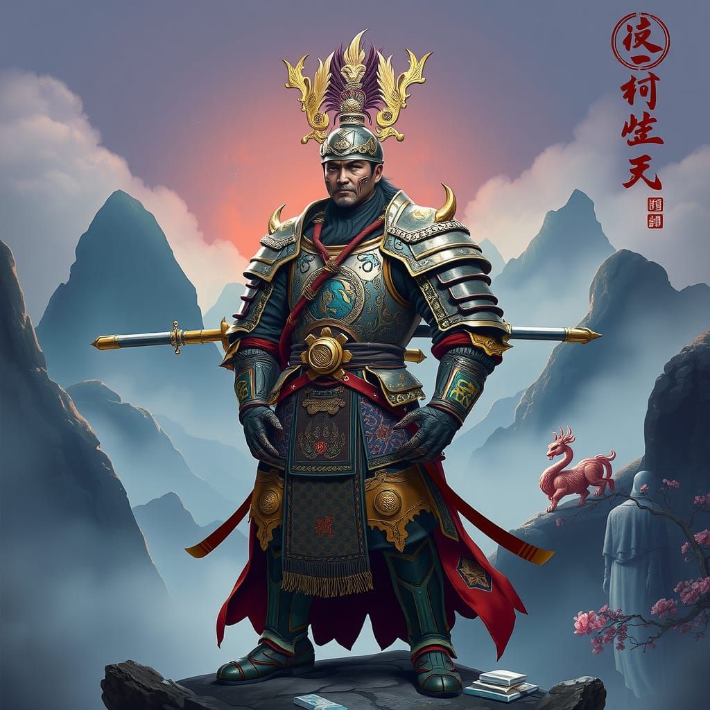 Armored Warrior in Misty Mountains, Digital Painting