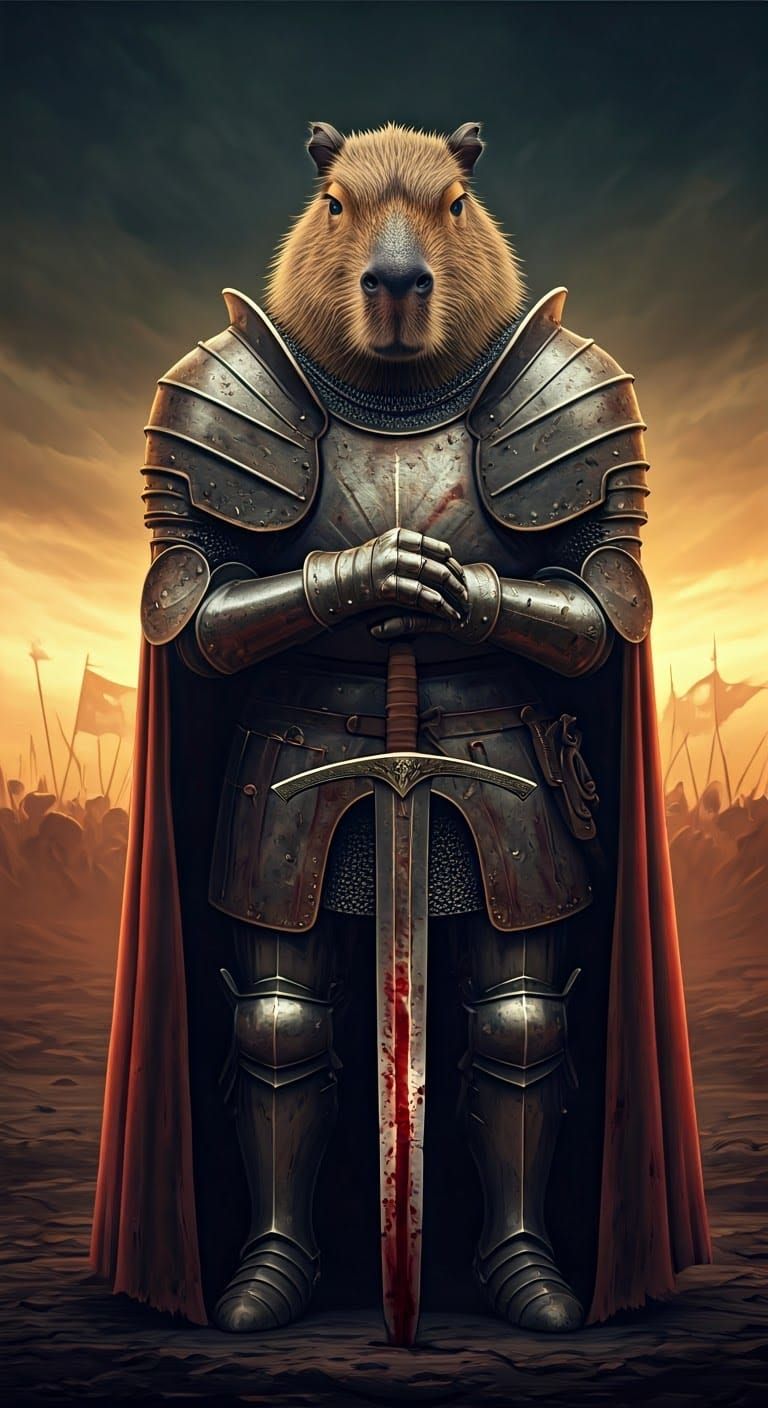 Heroic Capybara Knight in Weathered Armor