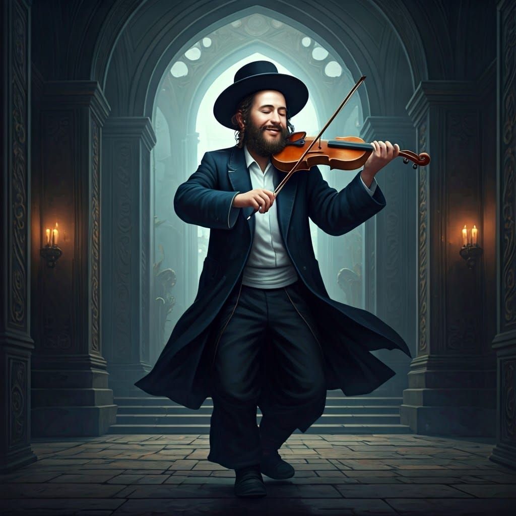 Youthful Hasidic Musician Dancing and Playing Violin in Vibr...