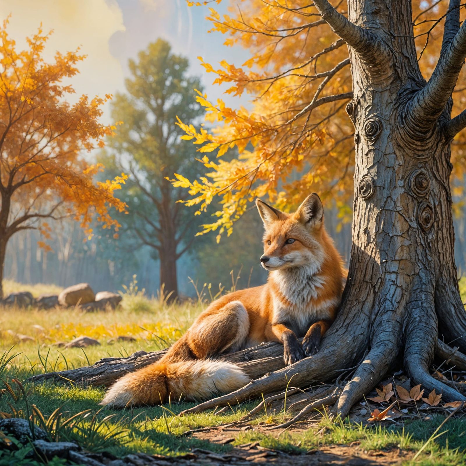 A calm fox is resting at the base of a tree.