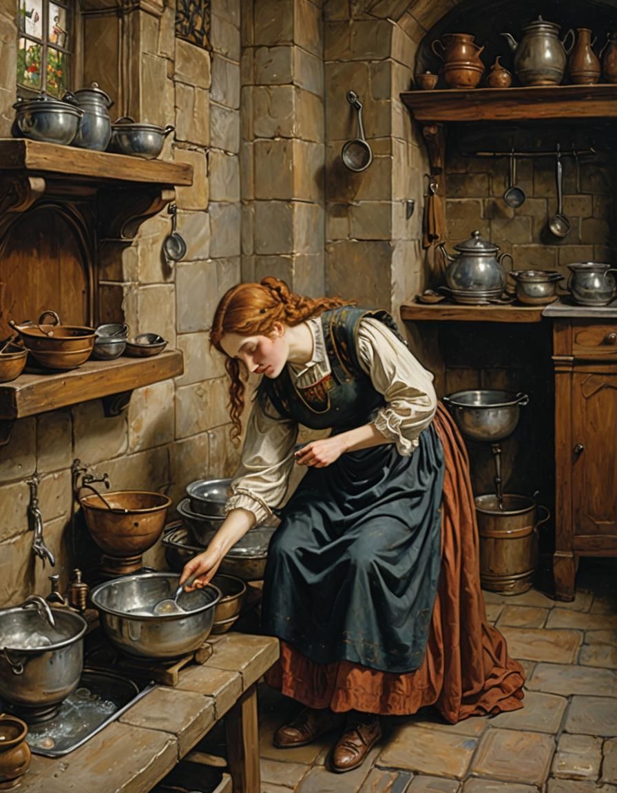 Pre-Raphaelite Servant Girl in Castle Kitchen