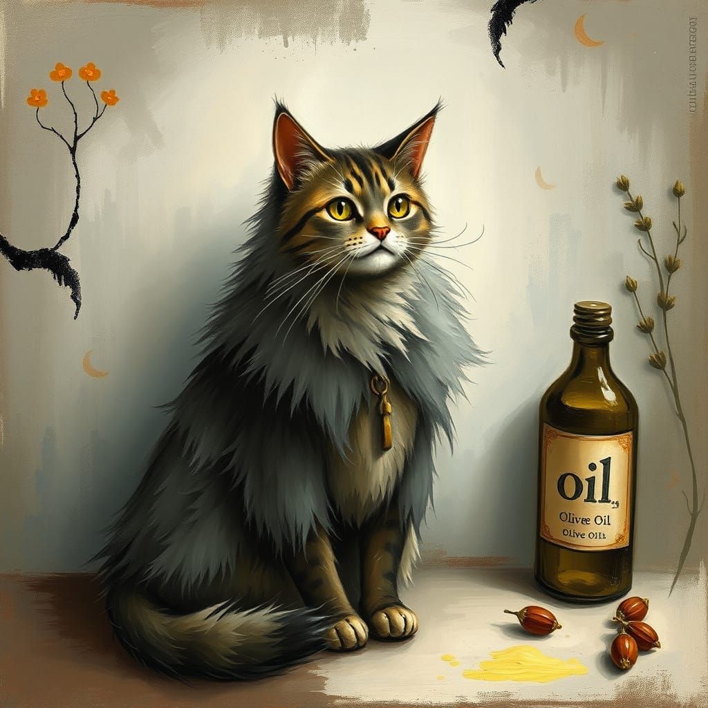 Whimsical Cat with Olive Oil Bottle in Naive Folk Art