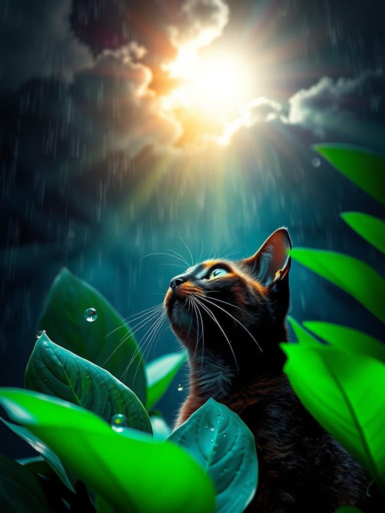 Tortoiseshell Cat Gazing at Neon Rain