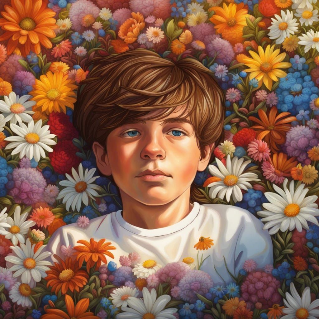 Hyperrealistic Portrait of a Boy in Flower Field