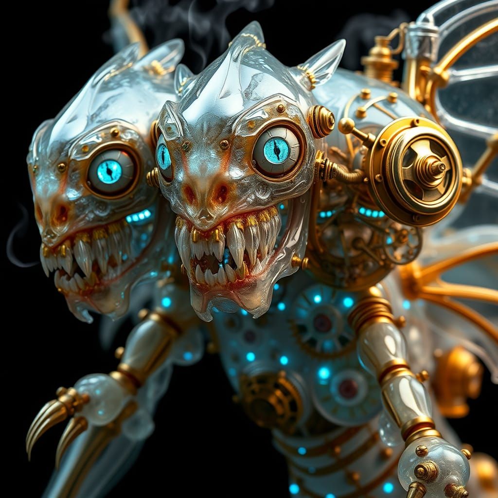Three-Headed Steampunk Chimera with Anime Eyes