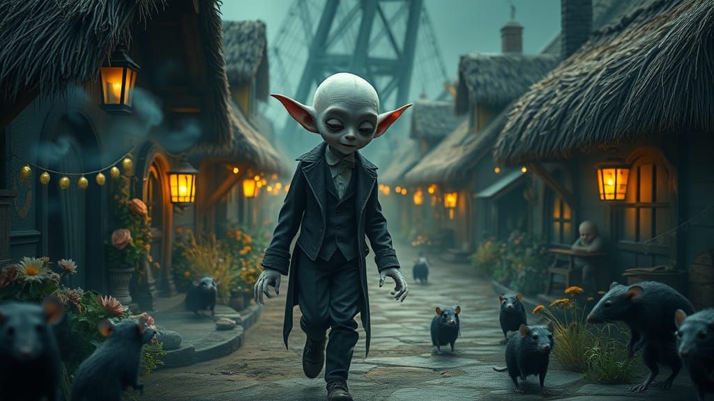 Ethereal Vampire Strolls Through Whimsical Village in Victor...