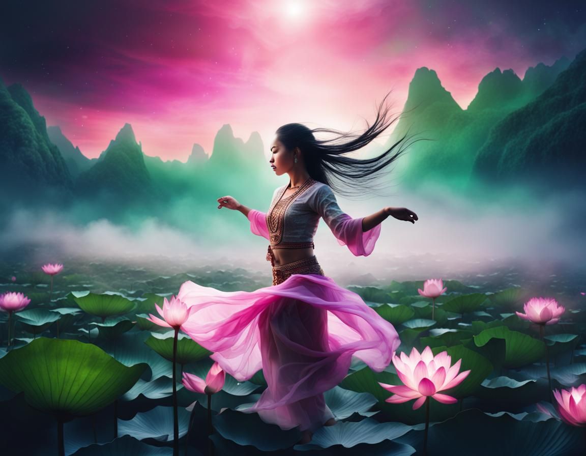 Balinese Girl Dancing on Lotus Garden with Aurora