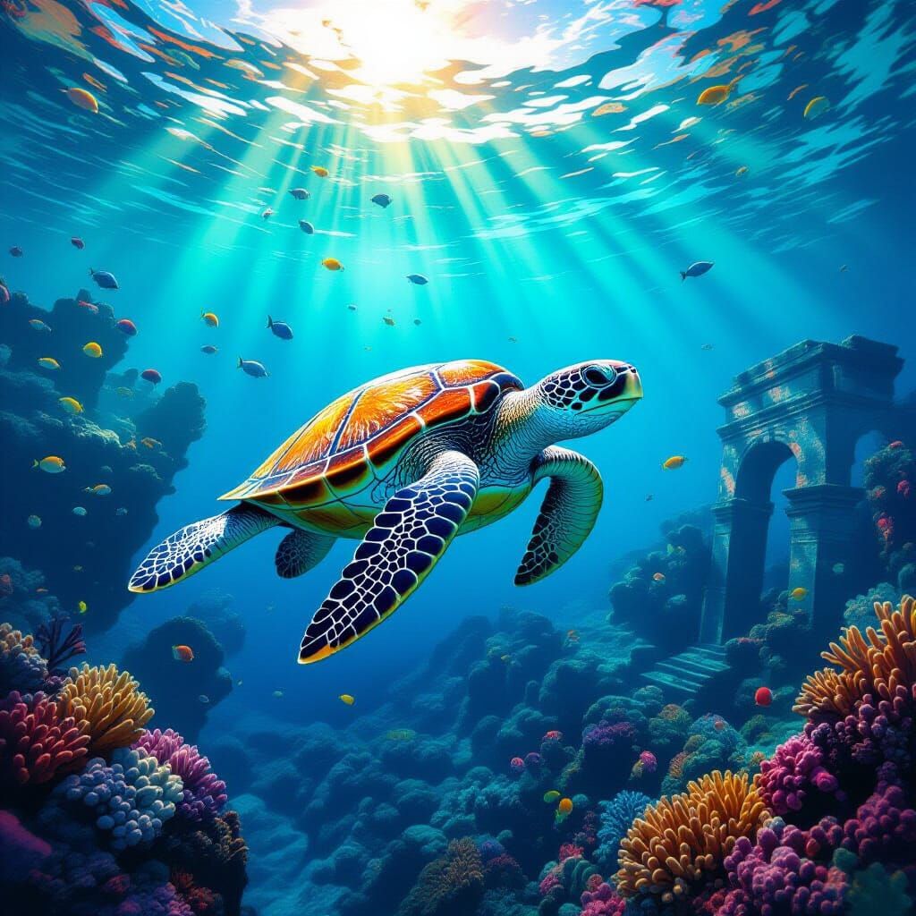 Sea Turtle Glides Through Coral Reef in Sfumato Style