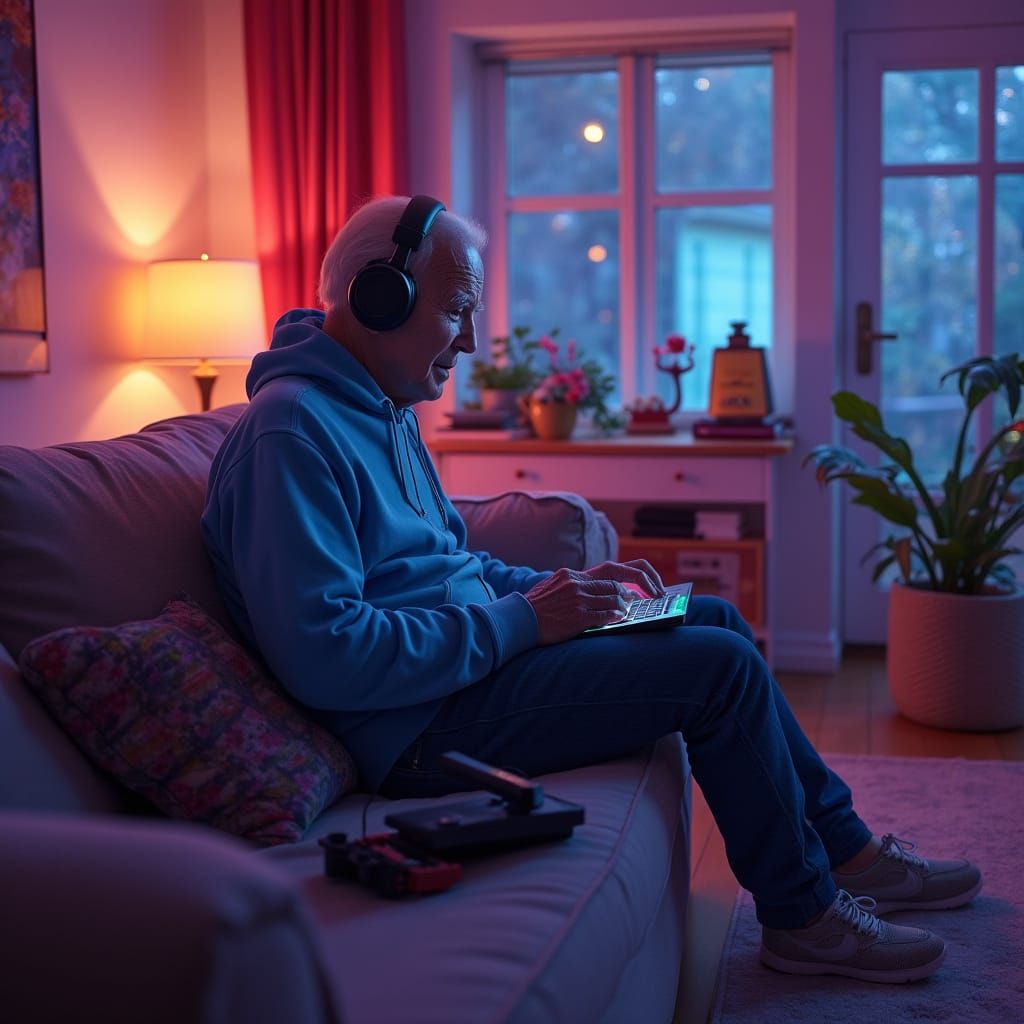 Futuristic Joe Biden Plays Fortnite in a Modern Gaming Lair