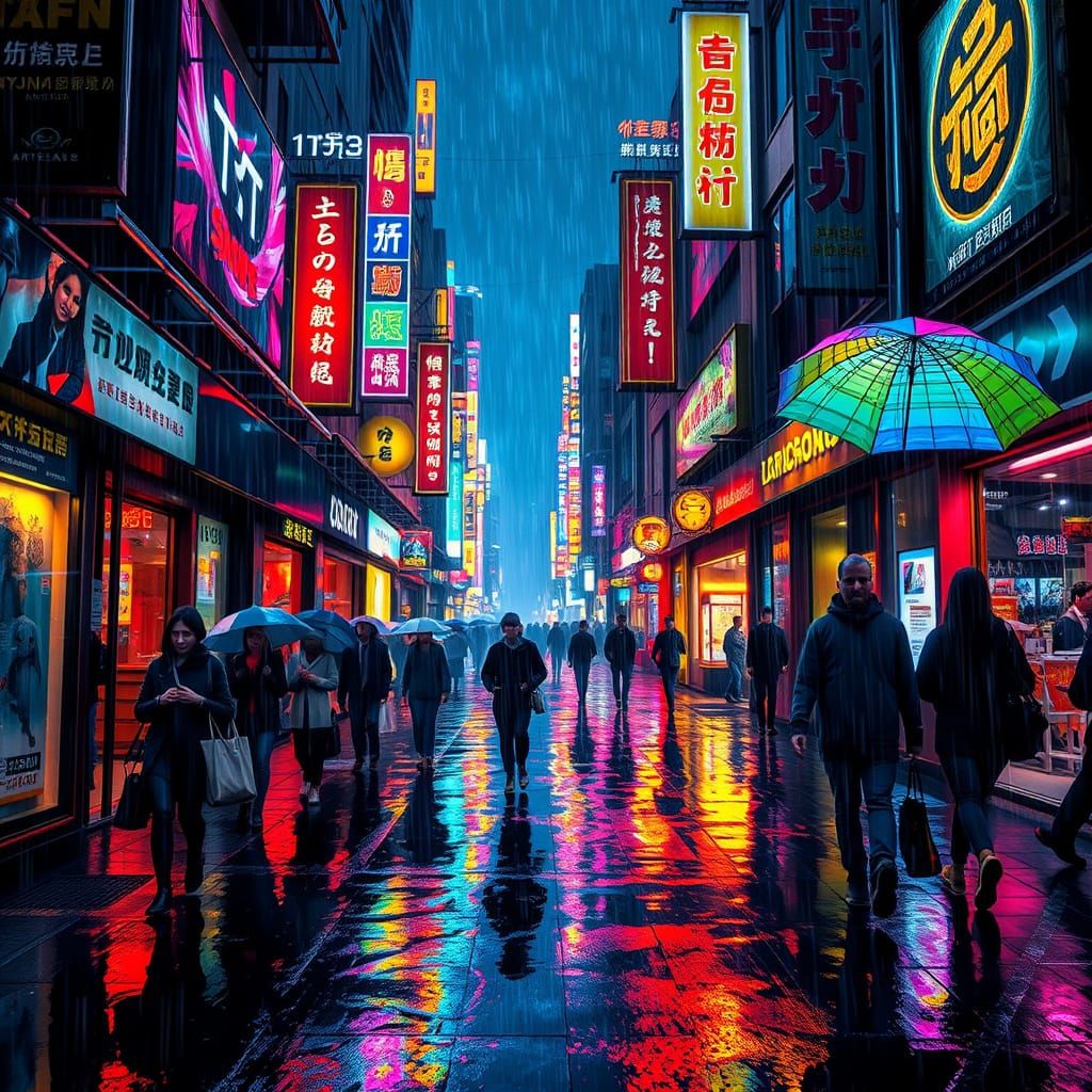 Rainy Night Cityscape in Neon Hues
