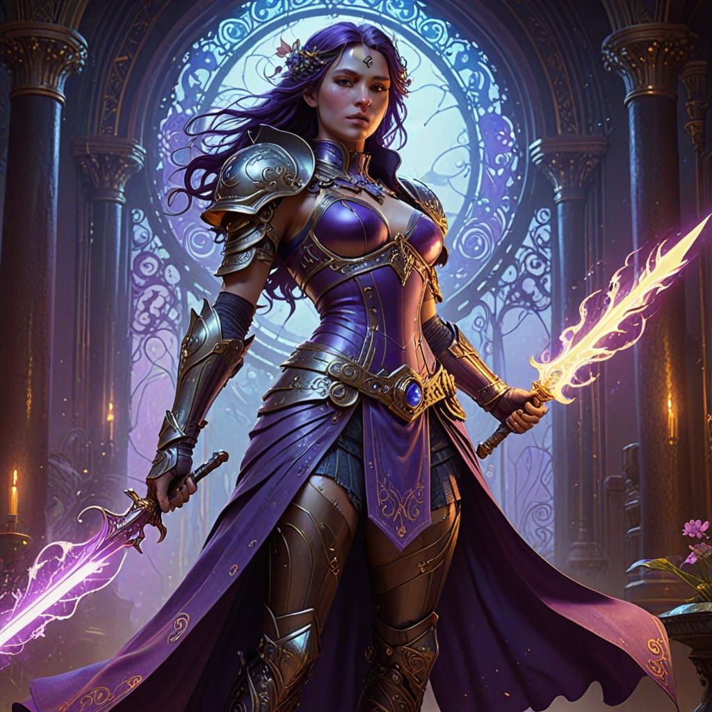Heroic Fantasy Warrior in Intricate Leather Armor Wields Eth...